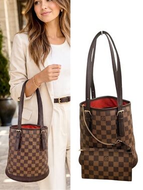 Louis Vuitton Damier Ebene Bucket Bag w/ Pochette Brown LV Shoulder Tote